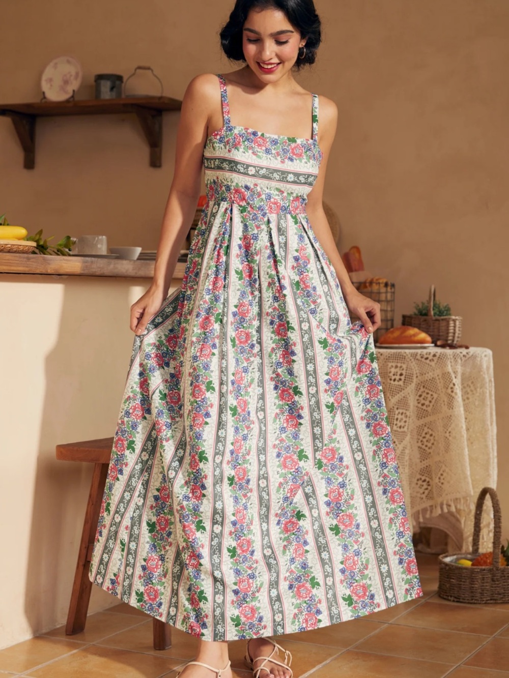 Modcloth White Maxi Dress with Pink & Green Floral Stripes